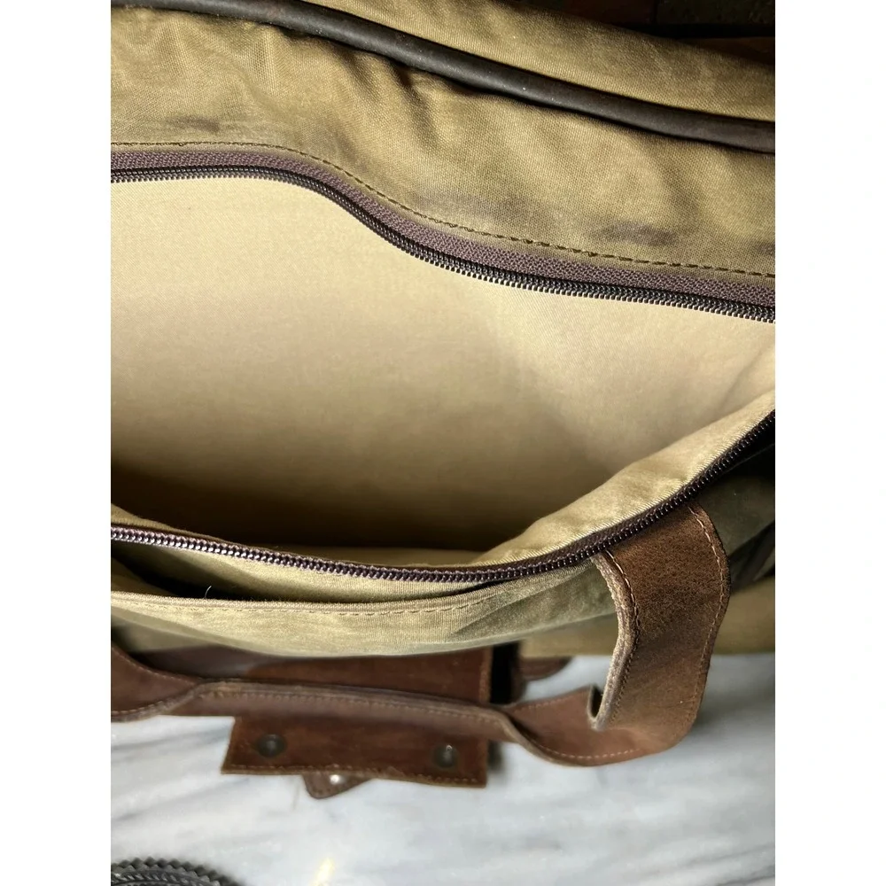 Schlesinger Messenger Laptop Bag VTG Waxed Canvas Briefcase Leather Trim Olive